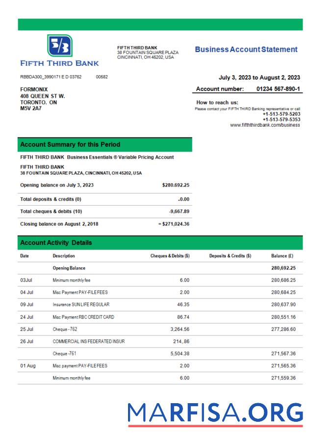 Printable Fifth Third Bank business bank statement Word and PDF template